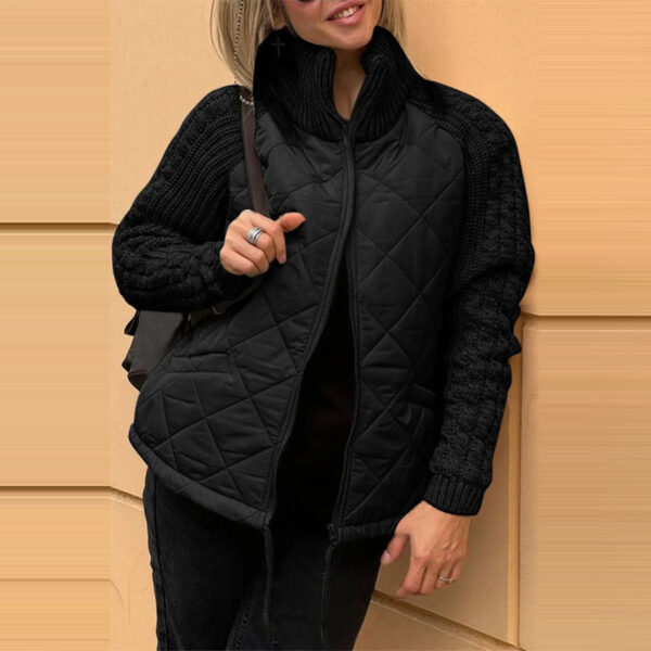 Stand Collar Cotton Jacket With Pockets Fashion Knitted Stitching Zipper Coat Winter Warm Tops For Women - Image 8